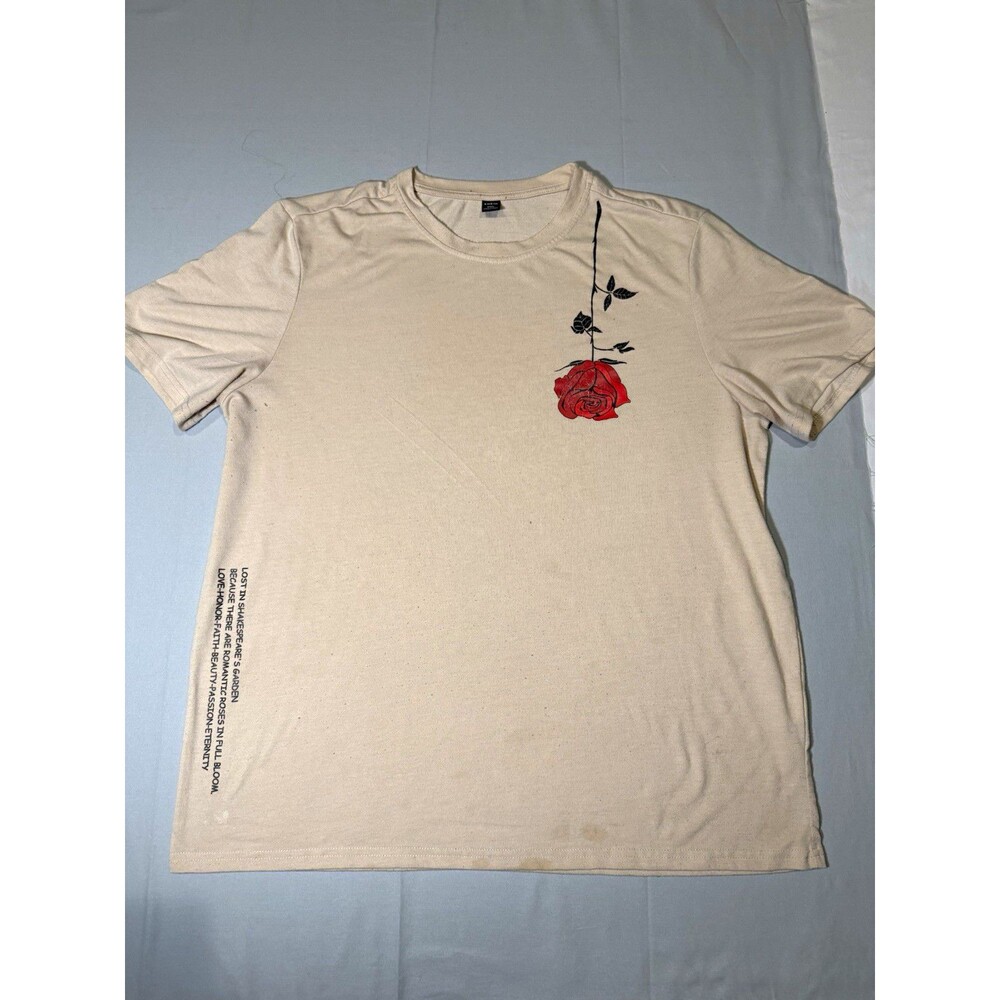 SHEIN Men’s 2XL Beige Rose Graphic Print Crew Neck Short Sleeve T-Shirt